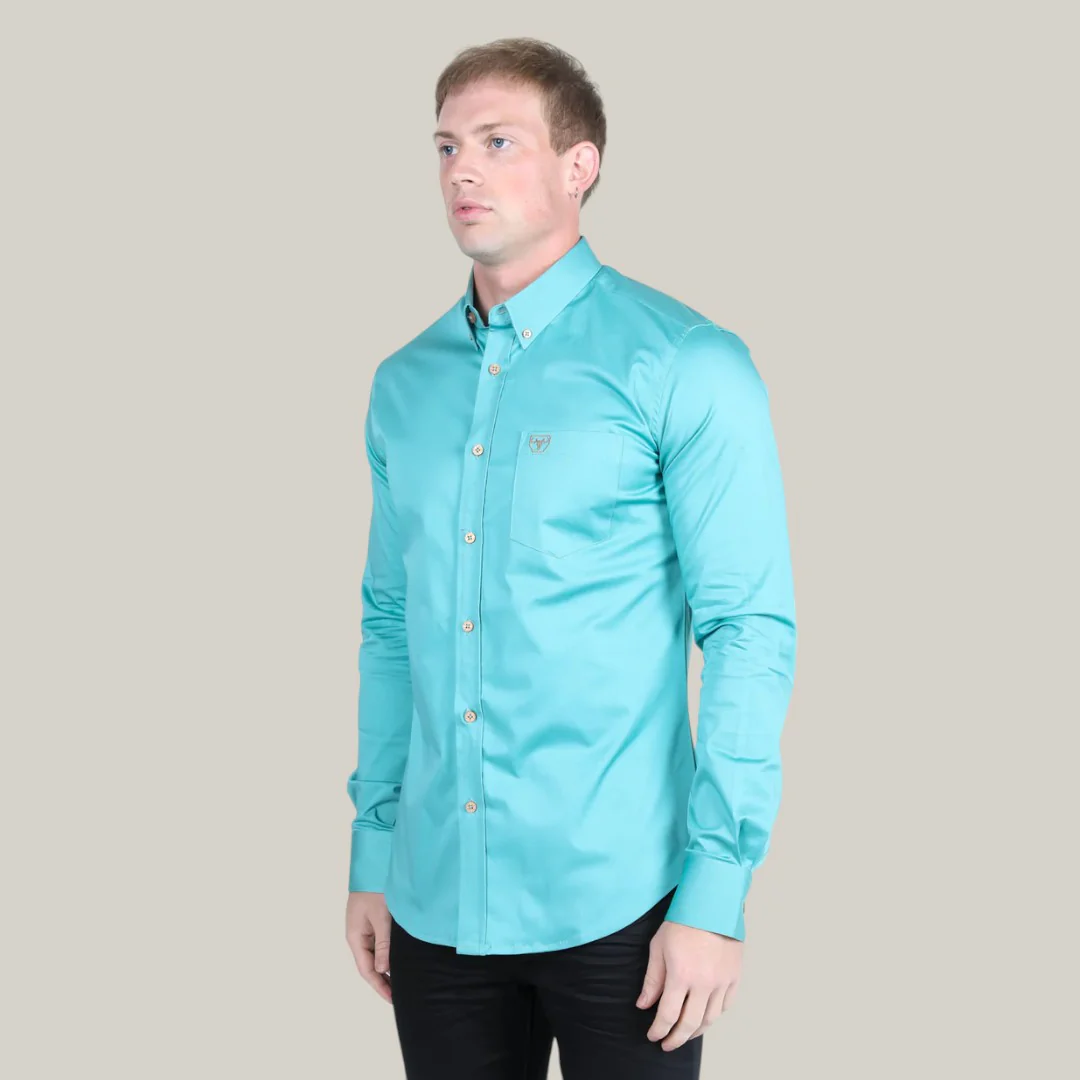 Men’s Single Pocket Logo Modern Fit Stretch Dress Shirt - Turquoise - CTL9829 - Image 3