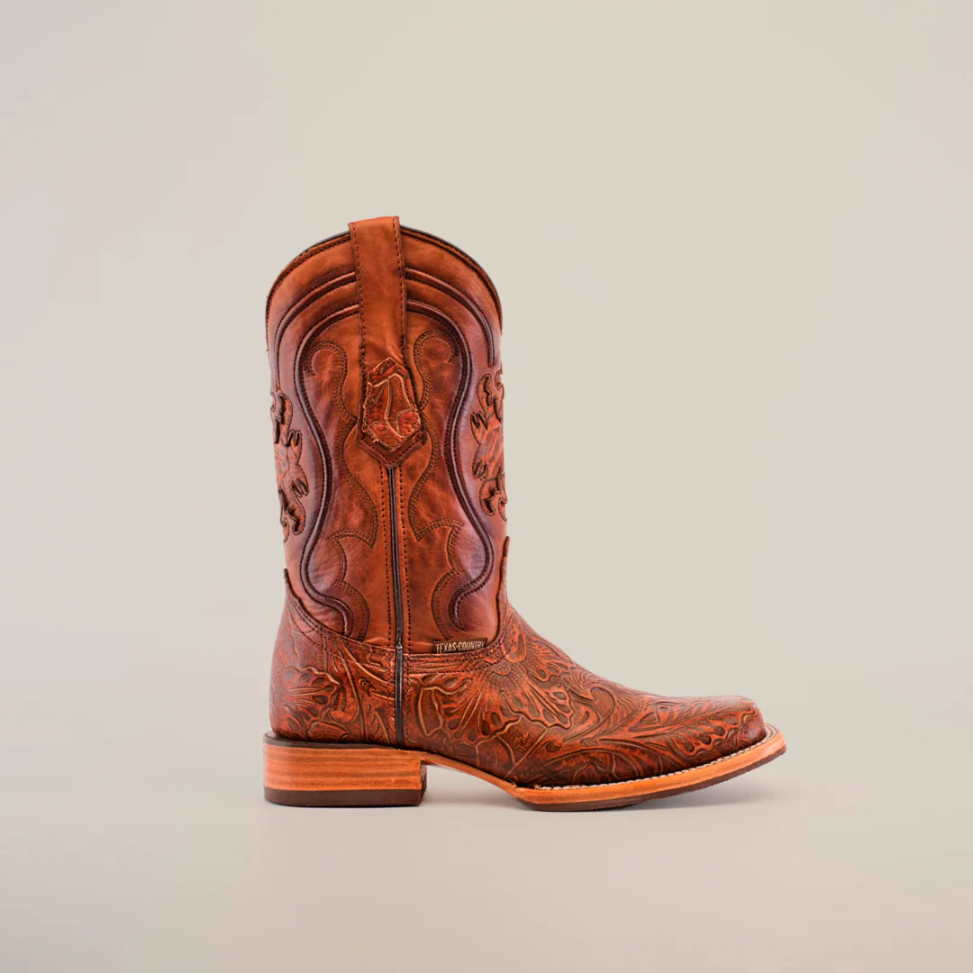 Handtooled Leave Cogñac - Slip Resistant Sole - Rodeo Toe - Image 2