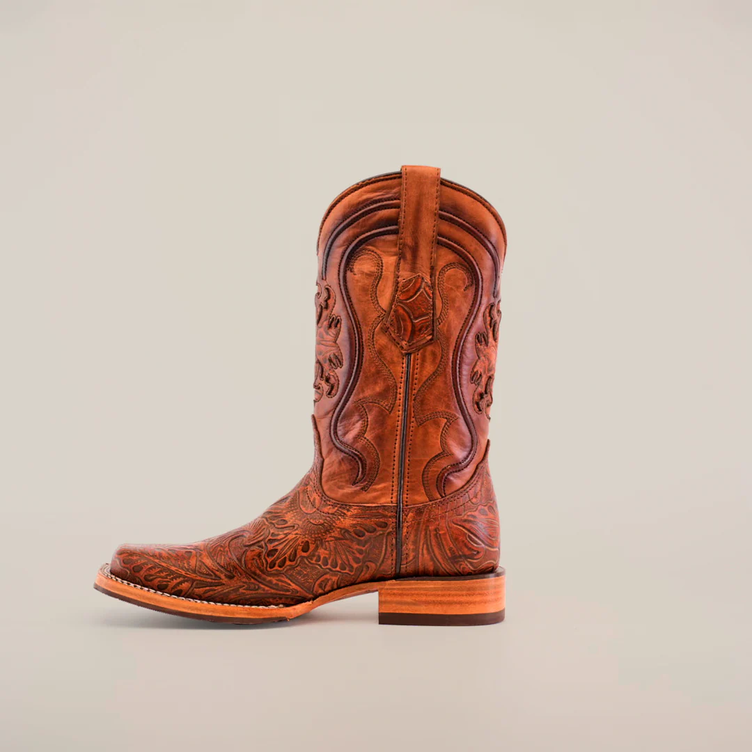Handtooled Leave Cogñac - Slip Resistant Sole - Rodeo Toe - Image 3
