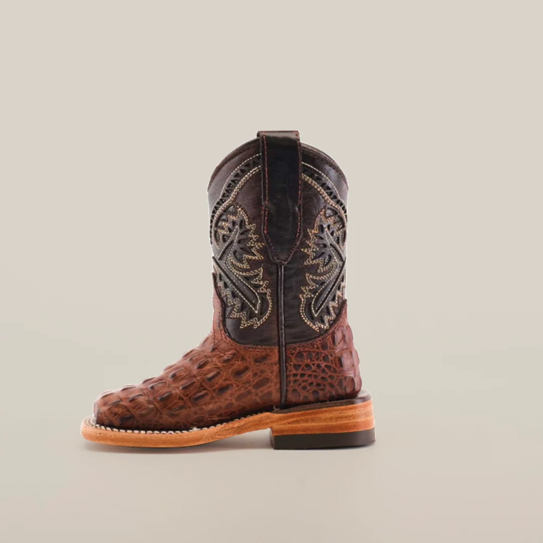 Caiman Hornback Print Chocolate Square Toe - Kids Boots - Image 3