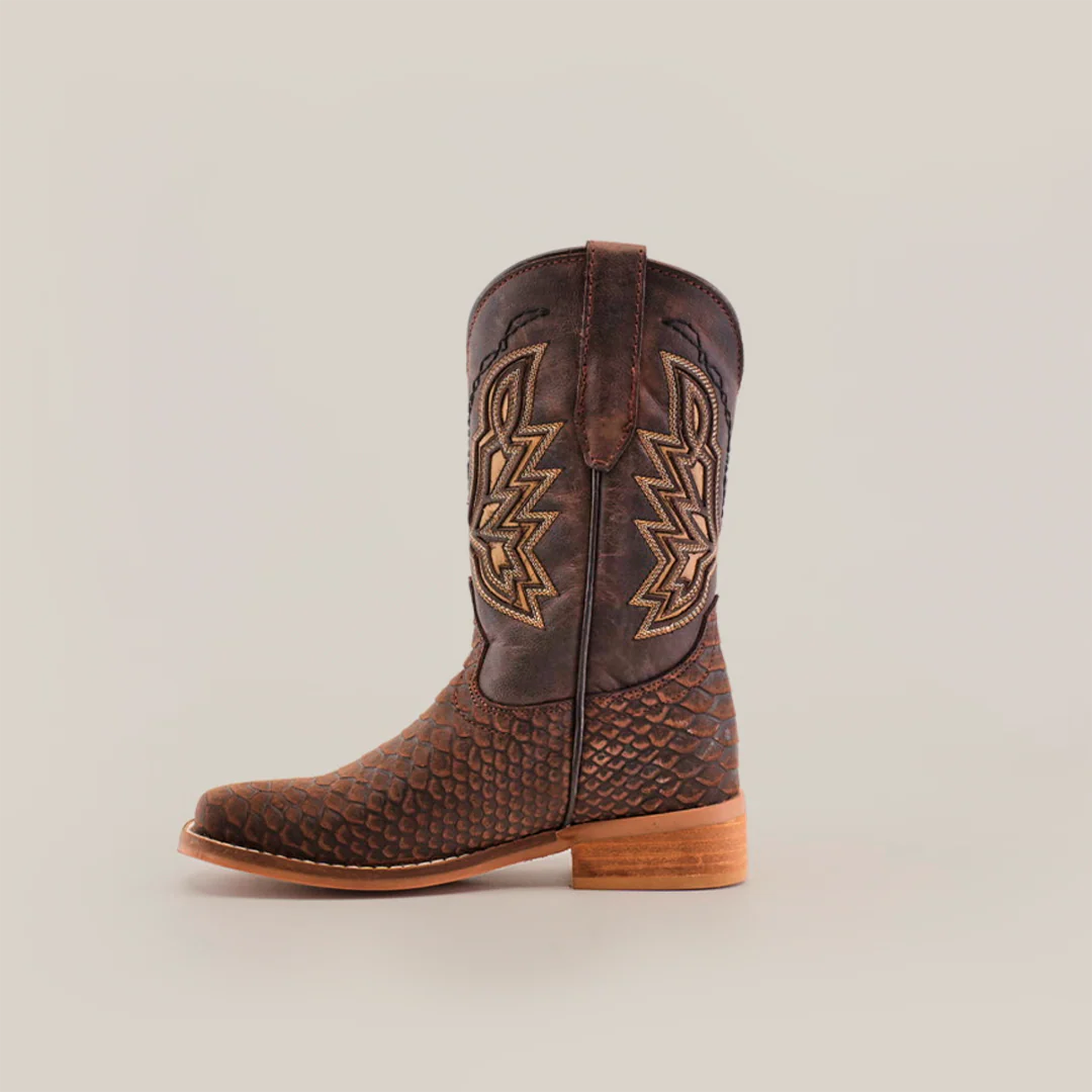 Python Print Matte Brown Square Toe - Kids Boots - Image 3