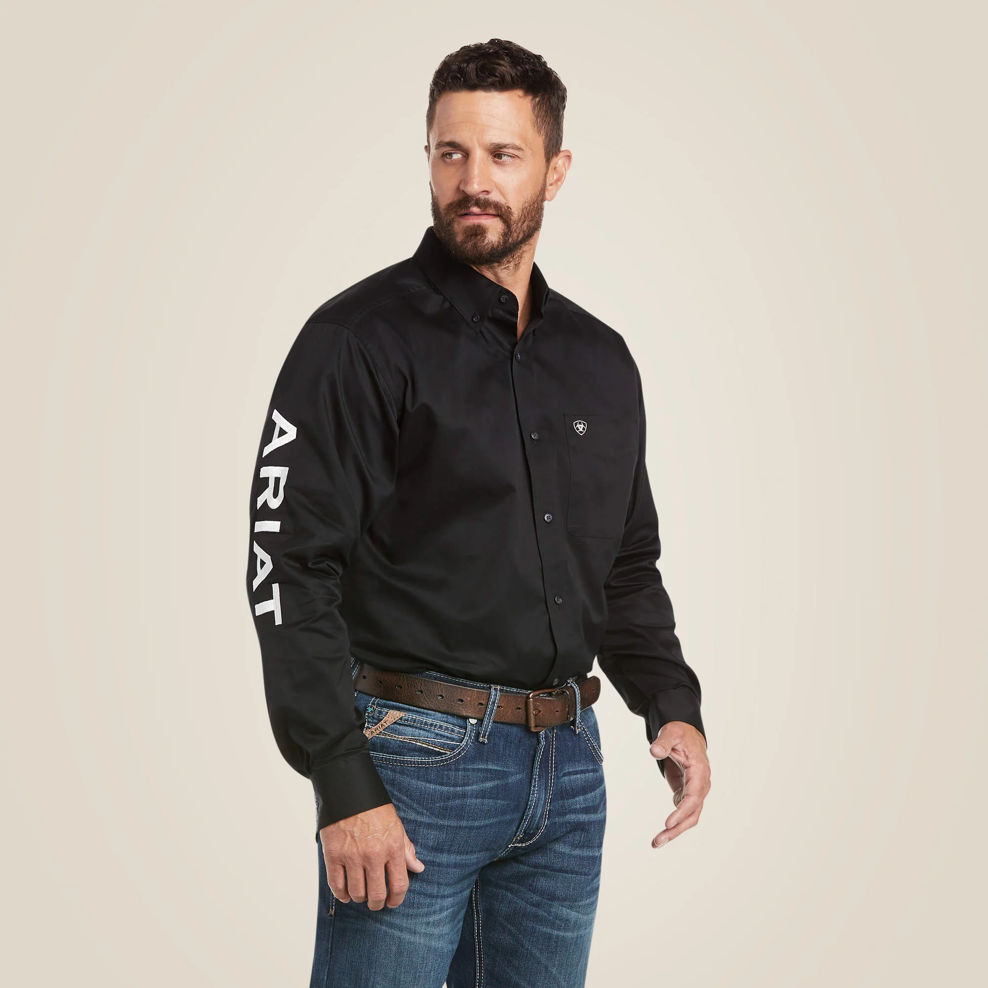 MNS TM LOGO TWILL CLSC LS SHRT BLK/WHTE 10017497